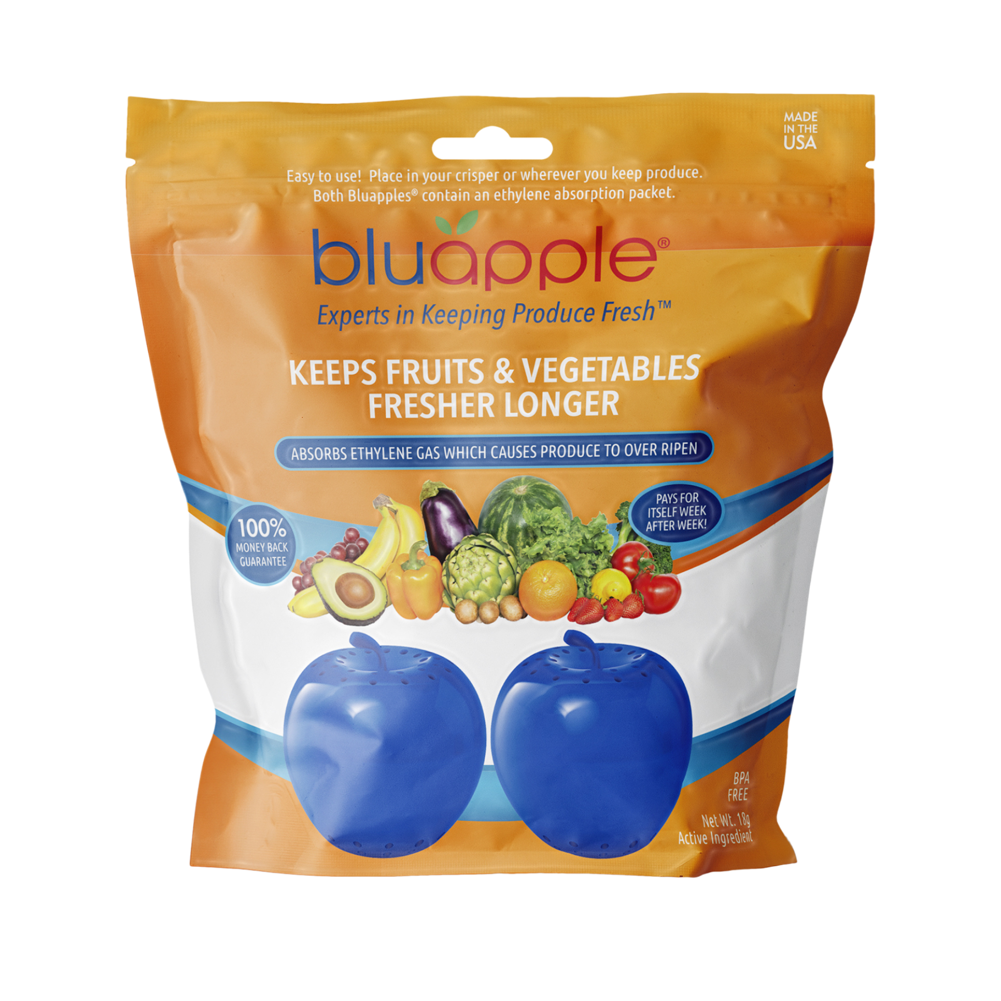 The Bluapple produce saver two-pack — apple-shaped ethylene gas absorbers made by The Bluapple Company of North Salt Lake, Utah